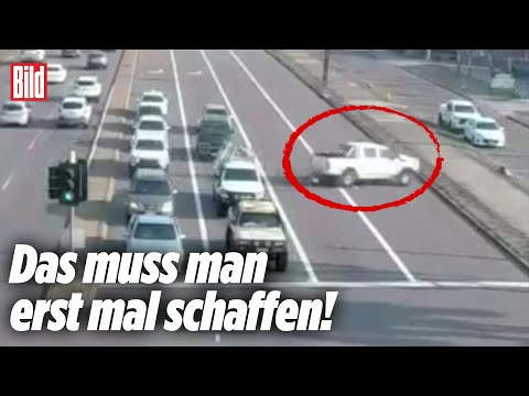 Pick-up rast ohne Crash quer über acht (!) Spuren