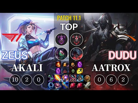 T1 Zeus Akali vs HLE DuDu Aatrox Top - KR Patch 11.1