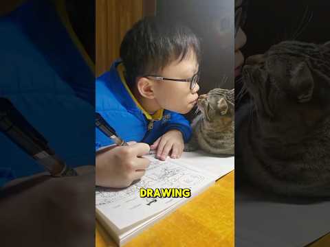 Adorable Cat Keeps a Kid Company While Drawing #cat #shortviral