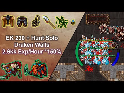 Tibia Elite Knight 253 (230+) Solo Hunt / Draken Walls / 2.6kk Exp/Hour *150% *No Runes