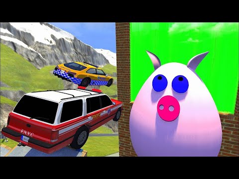 Crazy Vehicle High Speed Jumps Over Giant PIG Through Green Slime Water Wall - BeamNG drive Jumps