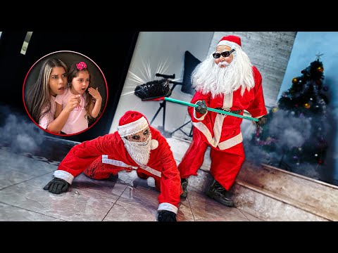 The nice Santa Claus chased away the scary Santa Claus to protect me and my little sister!
