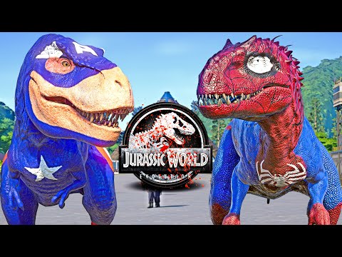 Captain T-REX vs SPIDER-MAN I-REX, BATMAN, IRON MAN Dinosaurs Fight 🌍 JURASSIC WORLD EVOLUTION