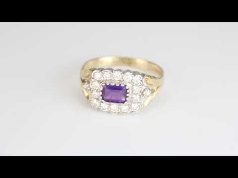 Victorian Style 9ct Gold Rectangle Amethyst & Diamond Cluster Ring - RS1372N