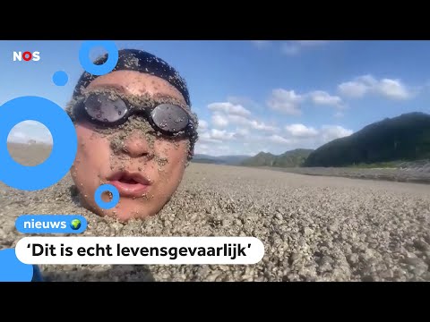 Vrouw zwemt door drijvende vulkaanstenen in Japan