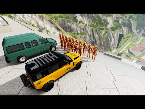 Jeep & Vans Stairs Jumps Down With Crash Test Dummy - BeamNG.drive Down Stairs Jumps Slow Motion
