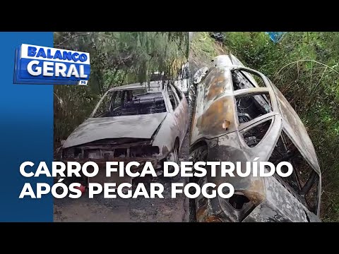 Carro pega fogo e fica totalmente destruído às margens da PR-323 em Doutor Camargo