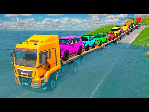 Triple Flatbed Trailer McQueen Transportation with Truck - Speedbumps vs Cars vs Train - BeamNG #224