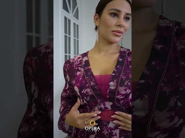 فستان سهرة  شيفون مشجر مع خطوط كرستال وكسرات من الأسفل طبقات