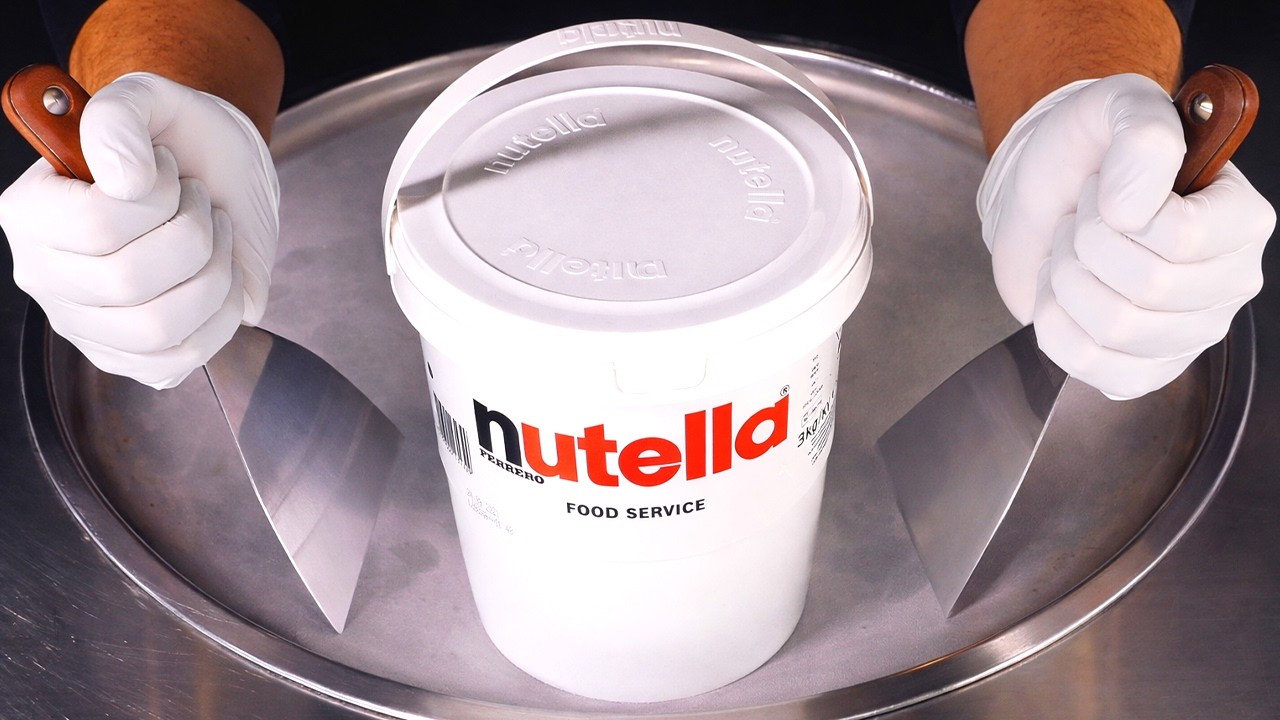 Massive Nutella Bucket Ice Cream Rolls | making Ice Cream out of Chocolate Hazelnut Spread - ASMR