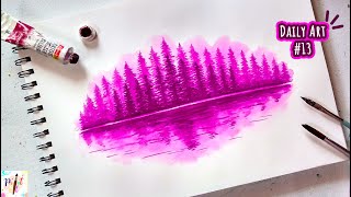 Easy Watercolor Monochrome Painting  / Magenta Pine Forest Landscape Painting Technique / Paint It