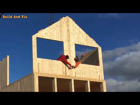 Modern Wooden House Building, Amazing Fast Construction Crane View Process