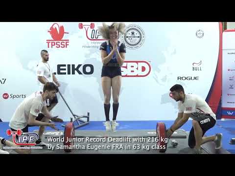 World Junior Record Deadlift with 216 kg by Samantha Eugenie FRA in 63 kg class