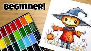Cute Pumpkin Scarecrow 🎃 | Ink & Watercolor Tutorial | Watercolor for Beginners