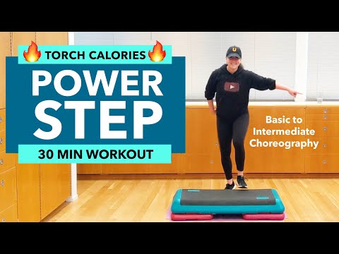 30 Minute Power Step Aerobics Workout #4. Torch Calories. Basic - Intermediate step skills.