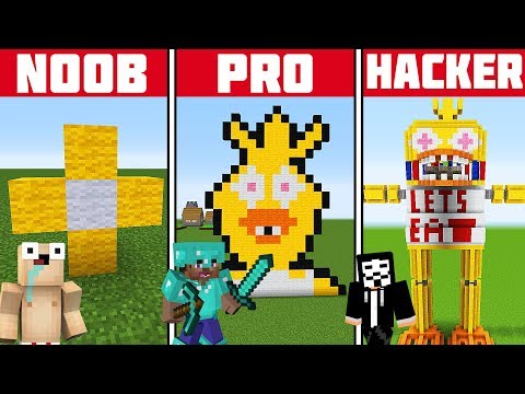 Minecraft Battle: NOOB vs PRO vs HACKER: BUILDING NIGHTMARE CHICA FROM FNAF 4 CHALLENGE in Minecraft