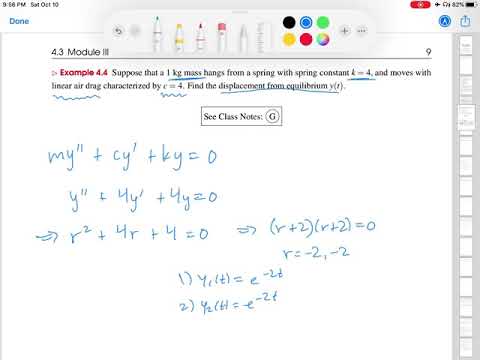 Mechanical vibrations example | Wellesley College Differential Equations w/Applied Linear Algebra