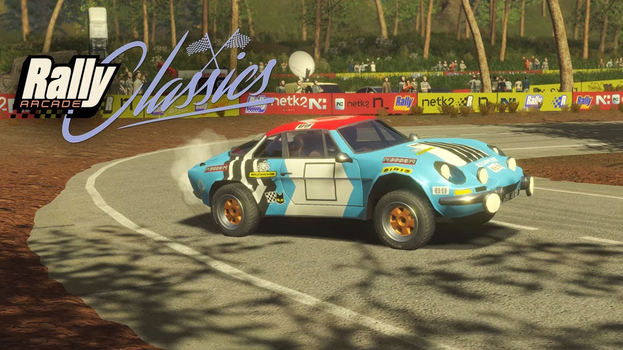 Rally car drifting through a dusty corner while racing through a stormy stage