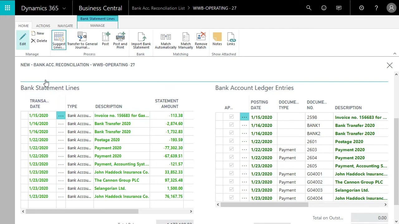 Dynamics 365 Business Central - Performing a Bank Reconciliation