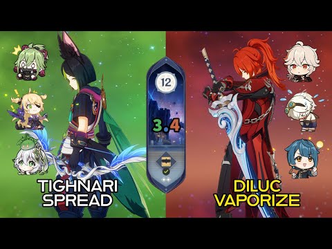 C1 Tighnari Spread and C1 Diluc Vaporize - Genshin Impact 3.4 - Spiral Abyss Floor 12 (9★)