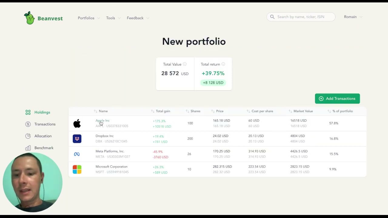 Beanvest, Investment Portfolio Tracker - DEMO
