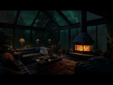 Chilling At Cozy Attic Living Room | Thunderstorm and Fireplace for Sleeping, Relaxing, Healing🔥