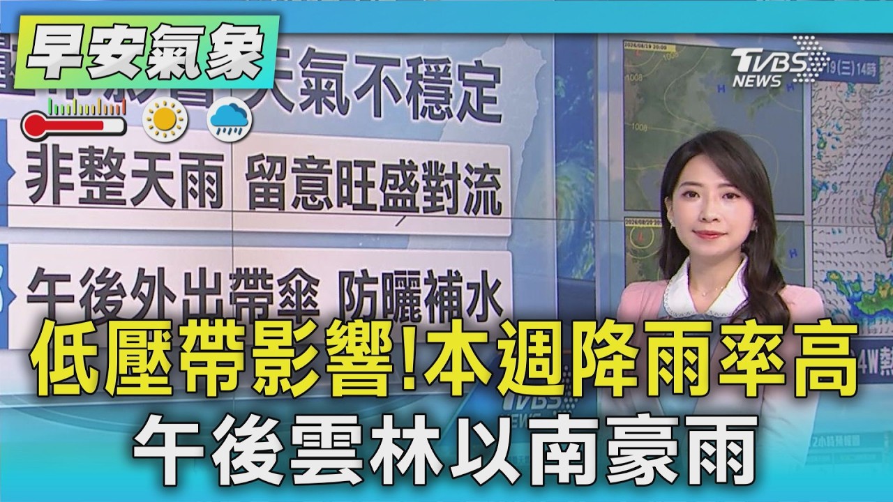 天氣/ 低壓帶影響! 本週降雨率高 午後雲林以南豪雨｜氣象主播 張蕙纖｜早安氣象｜TVBS新聞 20260817 @TVBSNEWS01