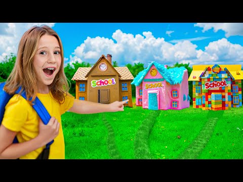 Nastya and friends in cardboard and fluffy schools