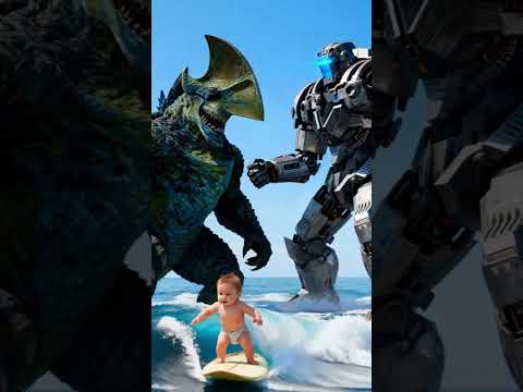 Baby Unfazed as Pacific Rim-Style Kaiju and Jaeger Brawl on the Beach!