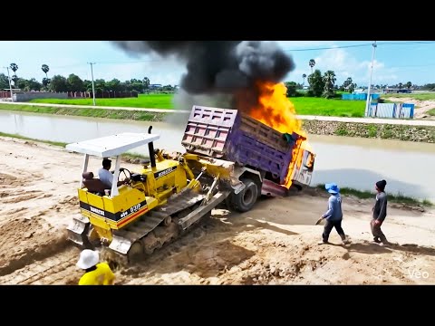 OMG!! Truck Unexpected Accident and Incredible Recovery By Excavator For Project Land Filling Up