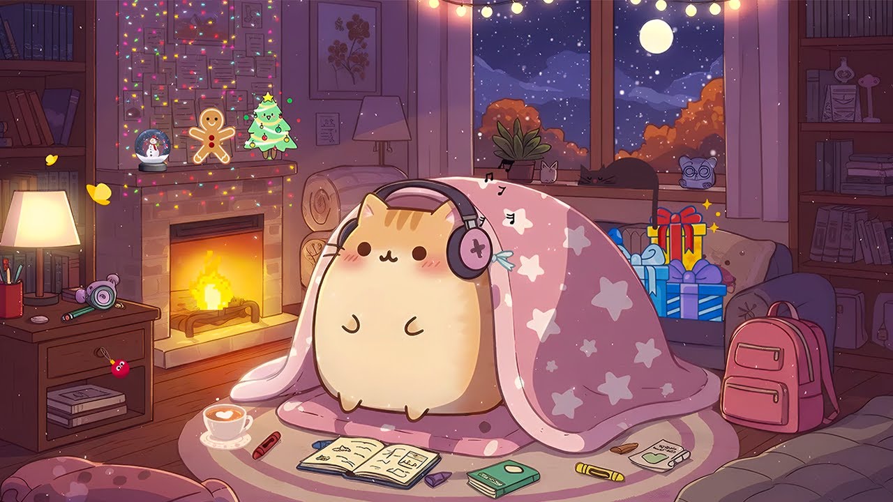 Lofi Cat's Cozy Fireplace Night 🔥 Winter Lofi Music ❄️ Chill Lofi Beats to Help You Focus & Relax