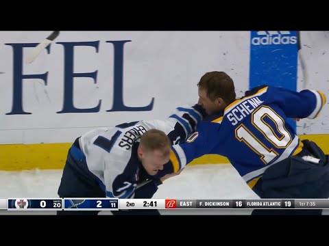Nikolaj Ehlers drops the gloves with Brayden Schenn