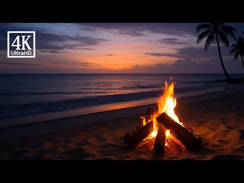 CAMPFIRE 4K. Beach Sunset Ambience – Cozy Campfire Sounds & Gentle Waves for Restful Sleep 🔥🌅
