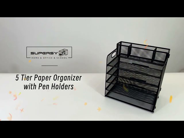 Vídeo relacionado con SUPEASY 5 Tier Desk Organizer with Handle & Removable Pen Holders, Mesh Paper/File Organizer for Desk, Paper Letter Tray Organizer for Office Supplies (Black)