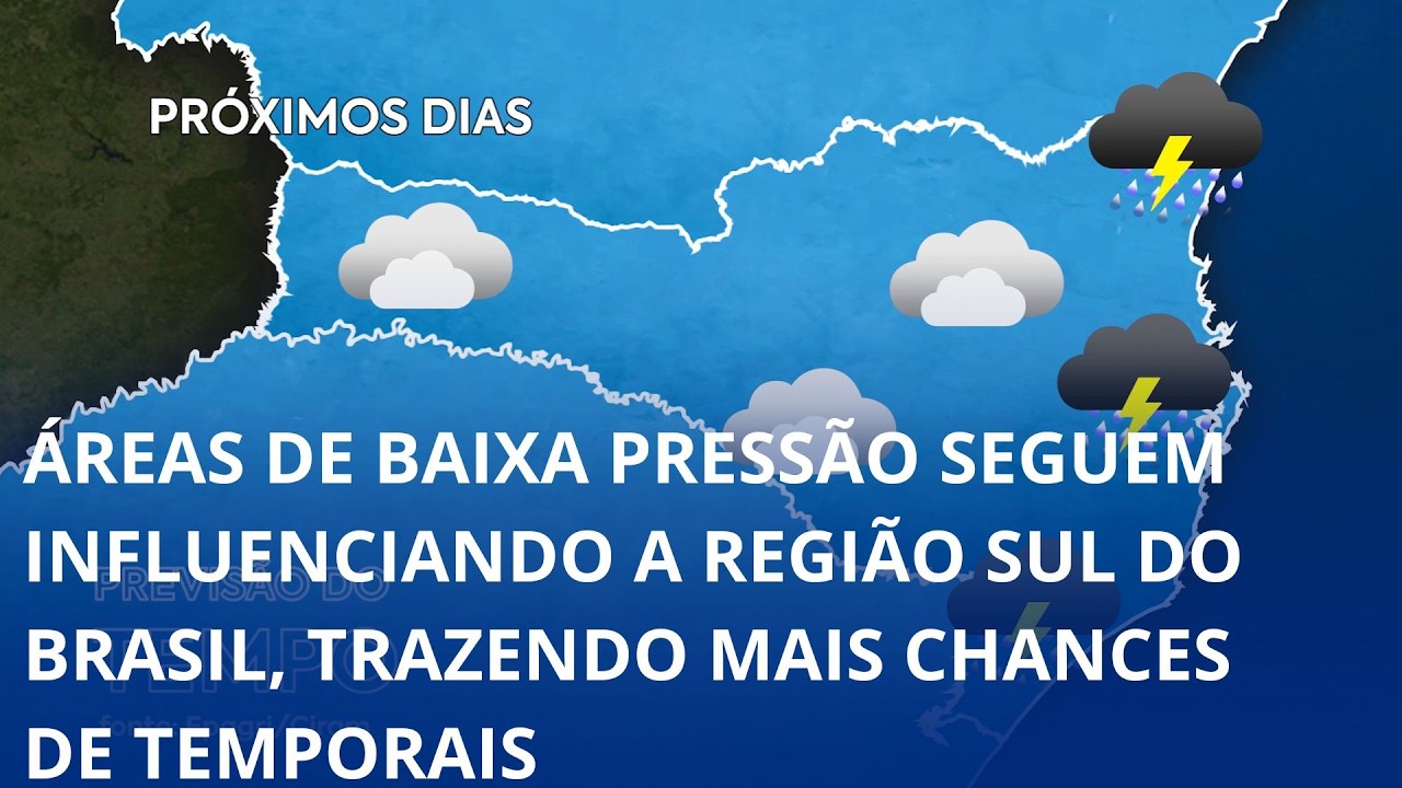 Áreas de baixa pressão seguem influenciando a região sul do Brasil, trazendo mais chances de temporais
