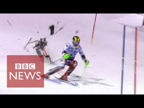Drone narrowly misses skier Marcel Hirscher during slalom race  - BBC News