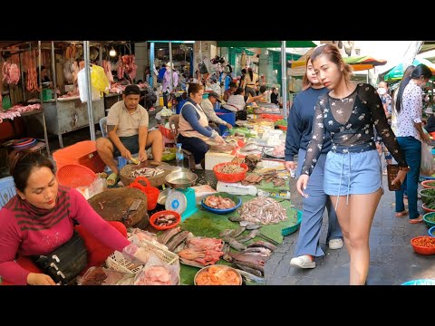 Best Cambodian street food | Walking tour Phnom Penh Traditional Market Scene 2023