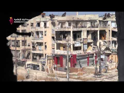 استهداف الثوار لمبنى تتحصن فيه قوات النظام بواسطة مدفع موجه محلي الصنع في حي سيف الدولة