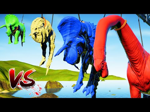 (Jurassic World Evolution🌍)Blue Ultima,Red Brachio,Yellow Carno,Green Triceratops Dinosaurs Fight