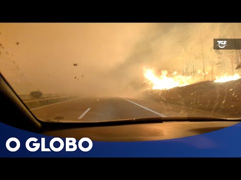 Motorista grava vídeo dramático durante incêndio na margem de rodovia em Portugal