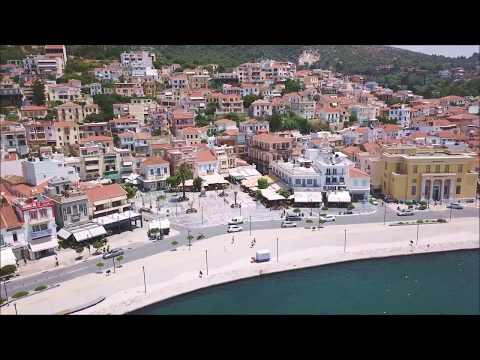 Drone flight over Samos town on the island of Samos, Greece