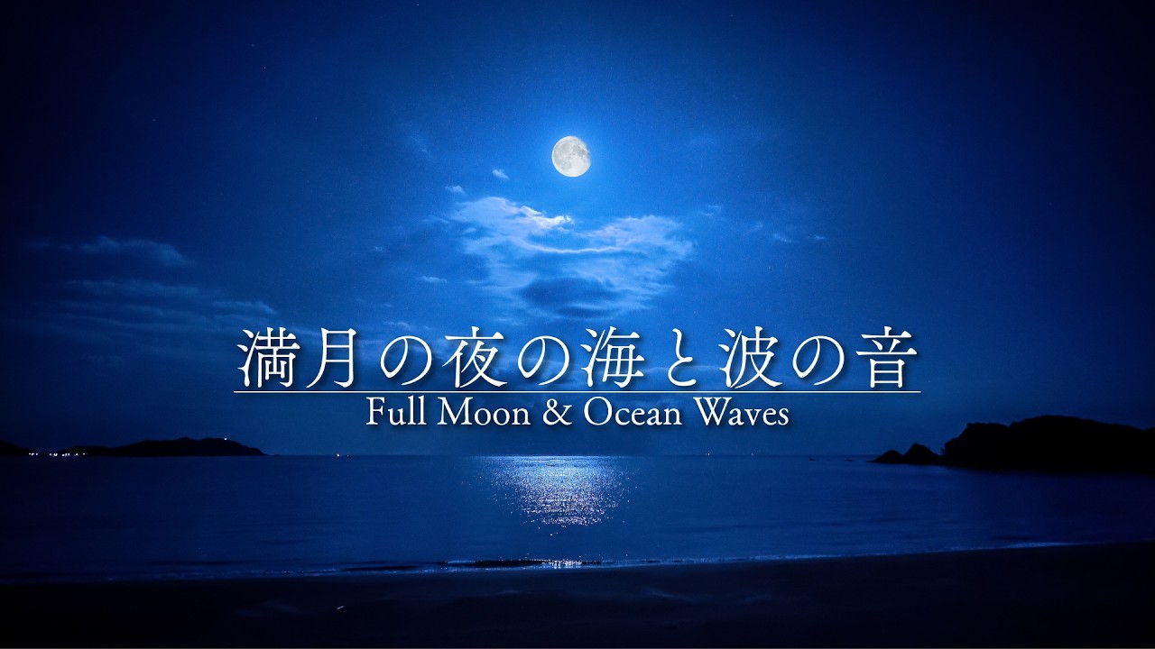 【安眠用BGM】満月の夜の海と波の音 - 深く響く太平洋の砂浜 4時間