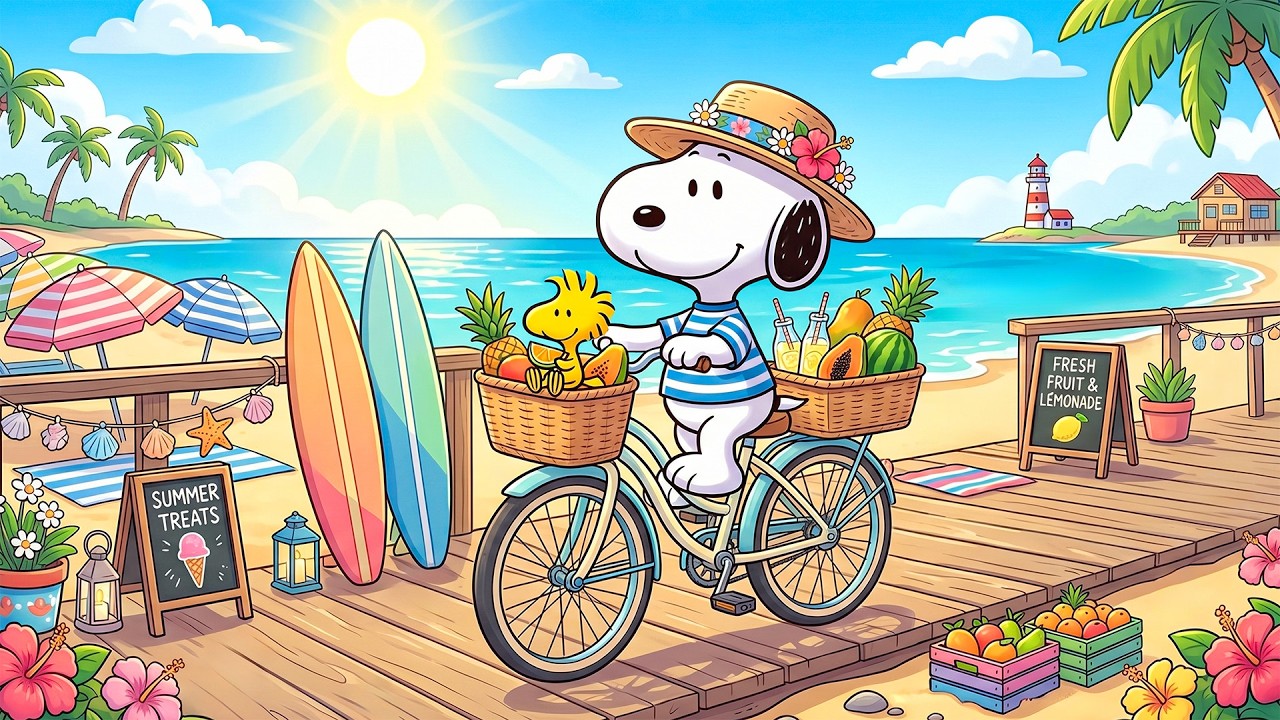 Snoopy’s Cozy Boardwalk Ride 🚲🌊 Warm Summer Jazz & Tropical Vibes for Deep Relaxation 🎶