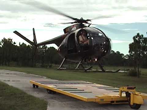 OH6-A Helicopter Takeoff From Mobile Helipad, Hover, Land on Runway