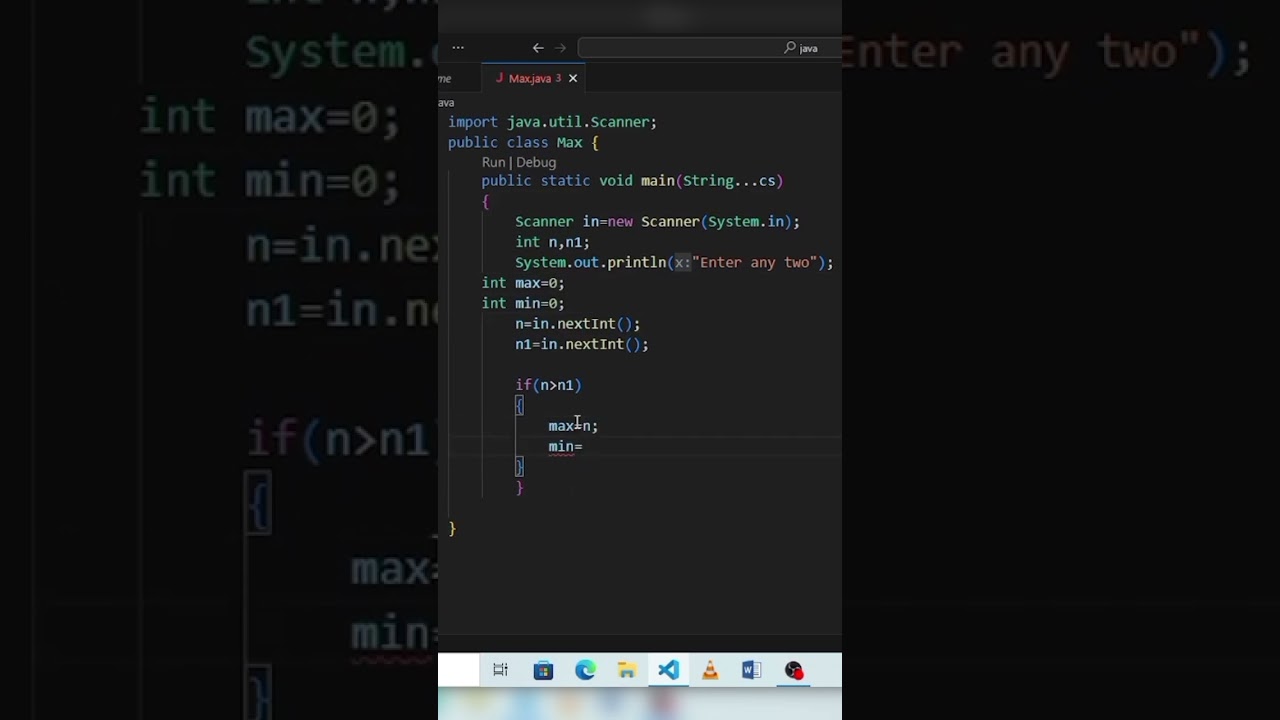 Java program to print max and min value , find max and min value of two values