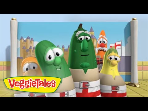 Cartoon VeggieTales characters stand together in a bright backdrop with a large VeggieTales logo in the foreground.