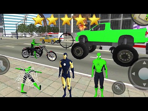 Green Spiderman VS Iron Hero VS Police Spider Rope Hero:Ninja Gangster Crime Vegas City Gameplay