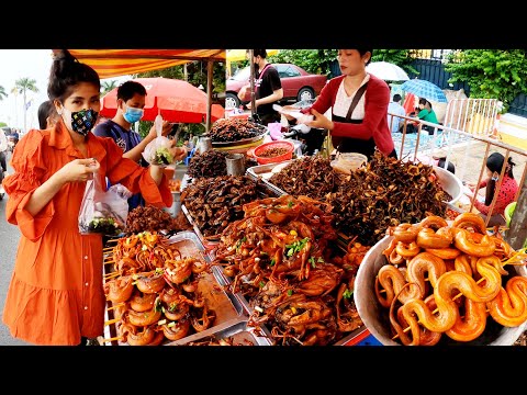 Cambodian Most Exotic Street Food, Fried Snakes, Crickets, Big Spiders, Grasshoppers and More