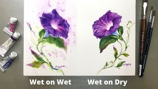 Watercolor Painting - WET ON WET vs  WET ON DRY Technique- Morning Glory- Tutorial Step by Step.