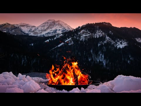 Live - Scenic Winter Sunset Campfire with Snowy Mountain Views and Crackling Sounds